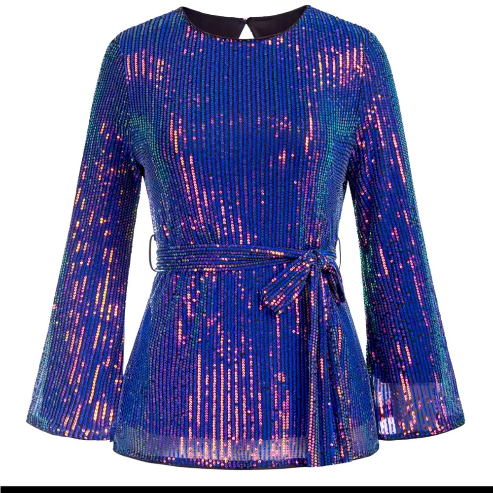 GRACE KARIN Womens Sequined Blouse Long Bell Sleeve Crew Neck size Small
